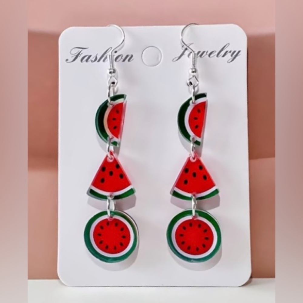 Watermelon Dangle Earrings - Red & Green Fruit Slice Design